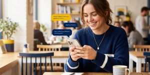 Conversation par SMS entre une cliente et une entreprise, avec des bulles de messages échangées sur un smartphone