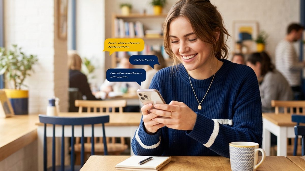 Conversation par SMS entre une cliente et une entreprise, avec des bulles de messages échangées sur un smartphone