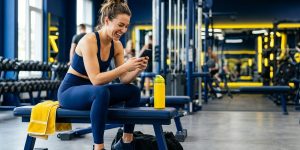 Sportive dans une salle de fitness qui consulte un SMS de son club sur son smartphone