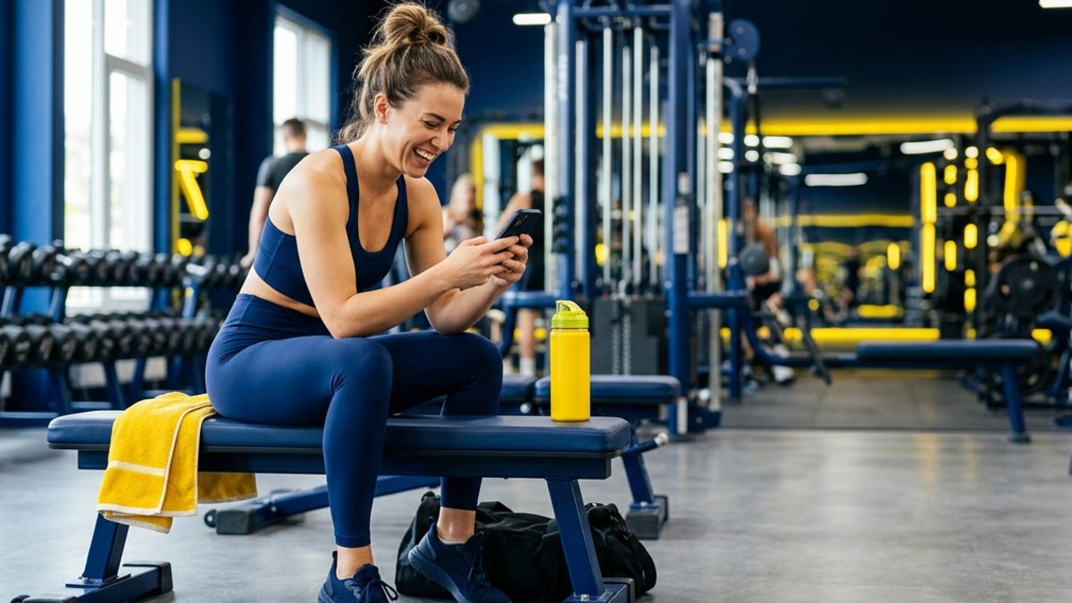 Sportive dans une salle de fitness qui consulte un SMS de son club sur son smartphone