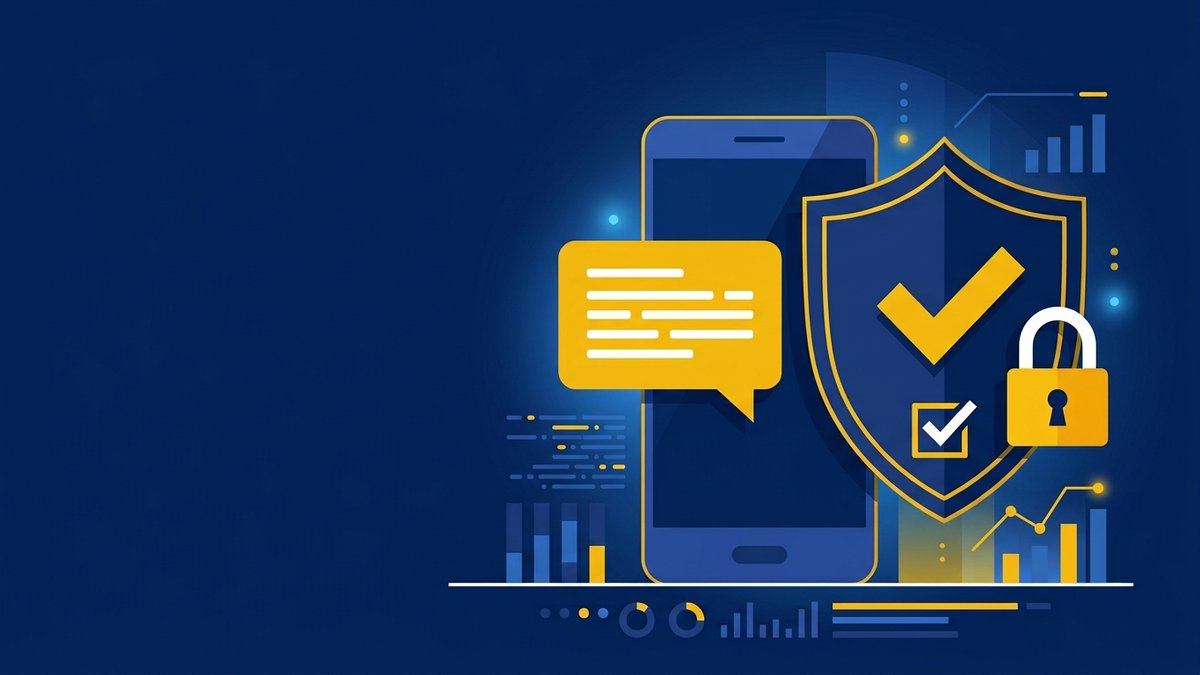 Smartphone affichant un SMS marketing à côté d'un bouclier symbolisant la protection des données personnelles