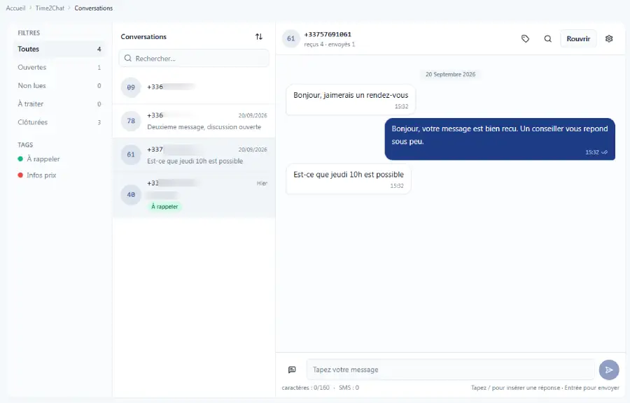 SMS Reflex web interface: Time2chat conversation list and message thread